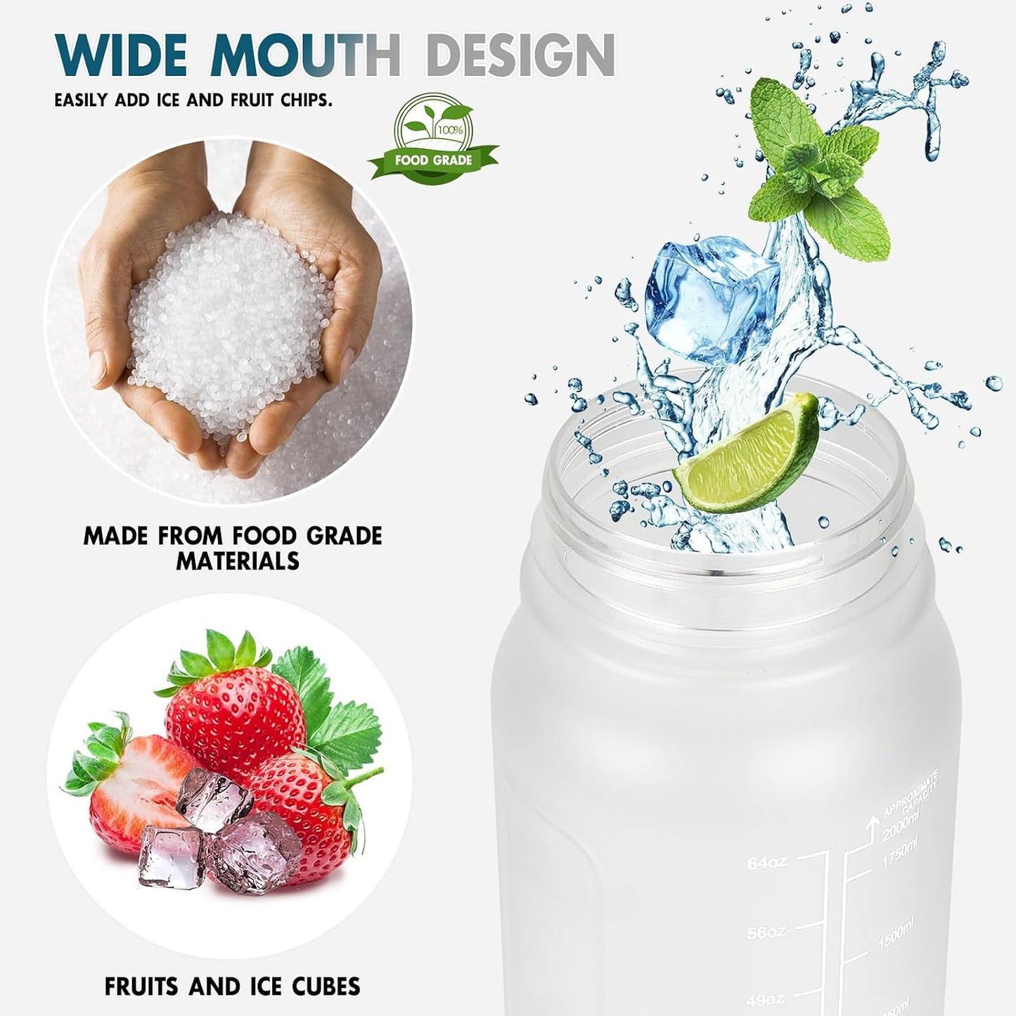 Water Bottle 2 L with Straw, Leak-Proof, Dishwasher Safe, Time Marking, Sports Gym Water Bottle