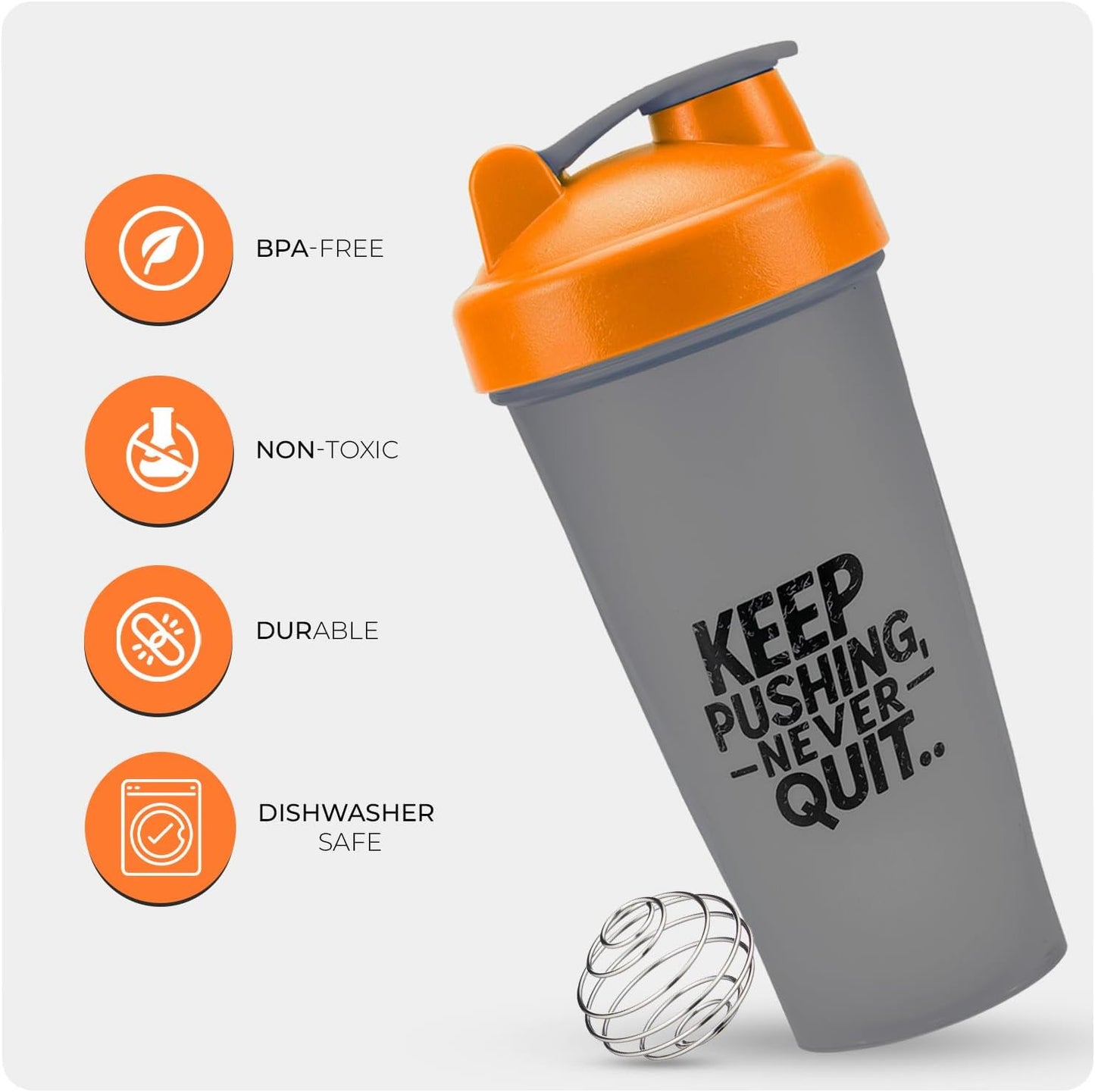 Protein Shaker Bottle 600Ml, Leak-Proof, Bpa-Free, Dishwasher Safe Gym Shaker for Protein Shakes with Wire Mixing Ball, Wide Mouth, Gym Bottle for Smoothies, Pre-Workout & Supplement Drinks