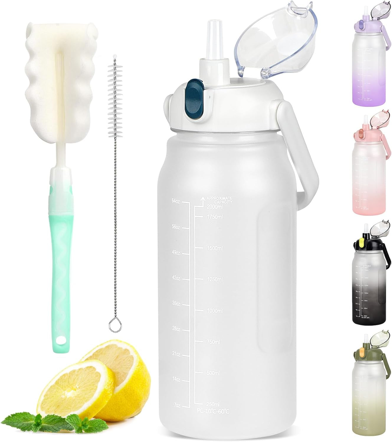 Water Bottle 2 L with Straw, Leak-Proof, Dishwasher Safe, Time Marking, Sports Gym Water Bottle