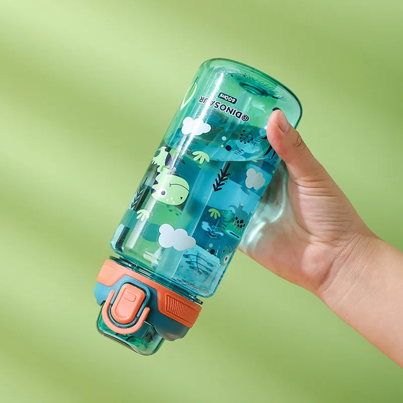 600Ml Cartoon Animal Water Bottle Portable Safety Lock Cute Straw Cup Kids Leak-Proof Drinking Jug for Outdoor Camping Travel
