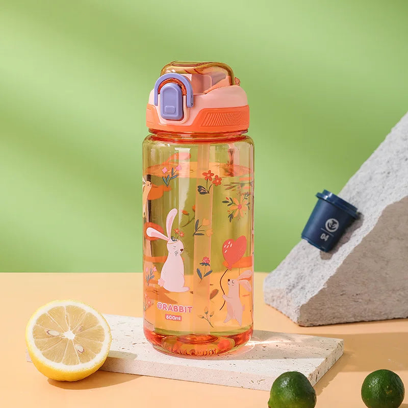 600Ml Cartoon Animal Water Bottle Portable Safety Lock Cute Straw Cup Kids Leak-Proof Drinking Jug for Outdoor Camping Travel