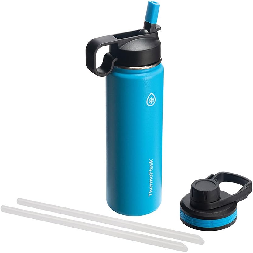 Bottle with Chug Lid & Straw Lid - Insulated Stainless Steel Water Bottle with Leak-Proof Lids - Dishwasher-Safe Reusable Bottle & Lids - Durable Bottle, 2 Straws & 2 Lids - 24 Oz, Capri