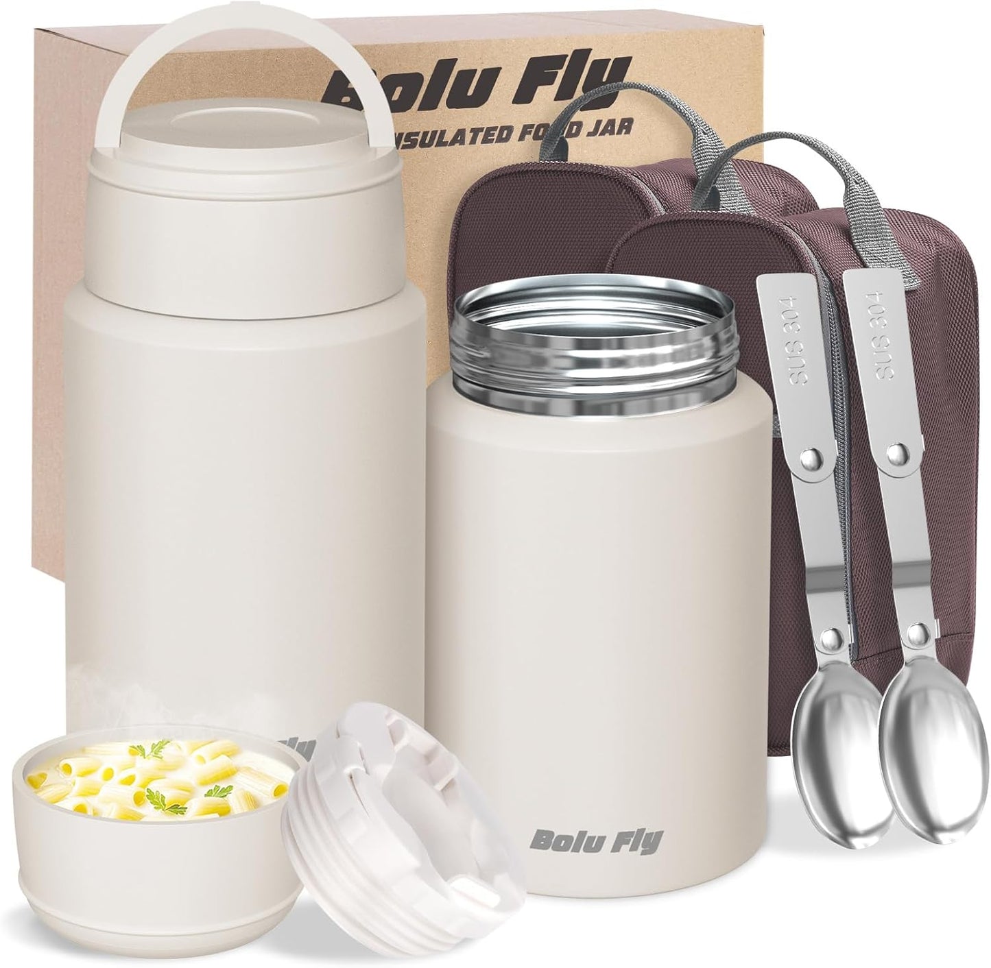 2 Pack Soup Thermo for Hot Food for Adults, Insulated Food Jar, Stainless Steel Vacuum Thermal Lunch Box Containers with Carry Bag and Spoon (18.5Oz, 27Oz) (White)