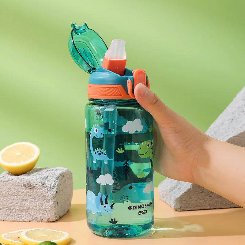 600Ml Cartoon Animal Water Bottle Portable Safety Lock Cute Straw Cup Kids Leak-Proof Drinking Jug for Outdoor Camping Travel