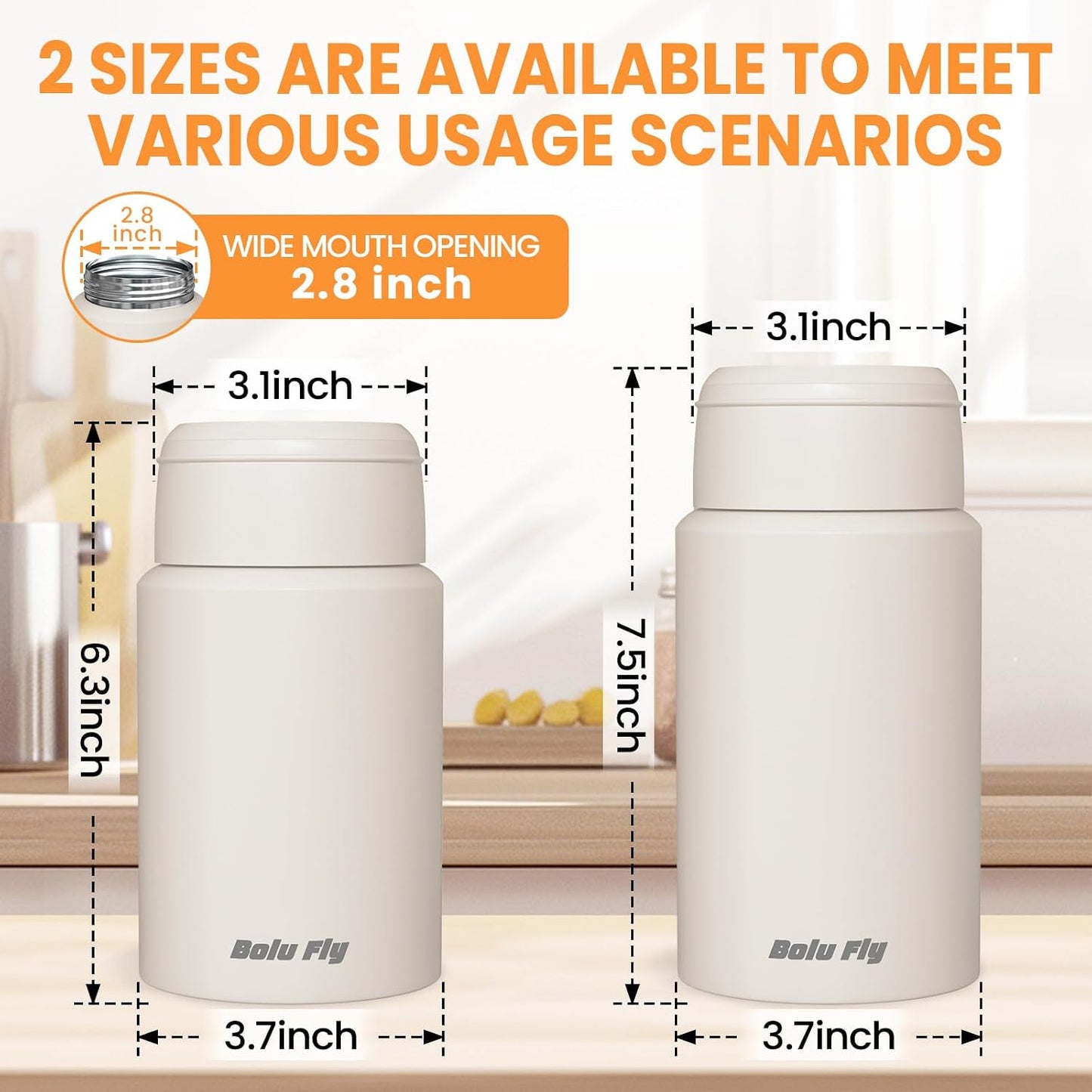 2 Pack Soup Thermo for Hot Food for Adults, Insulated Food Jar, Stainless Steel Vacuum Thermal Lunch Box Containers with Carry Bag and Spoon (18.5Oz, 27Oz) (White)