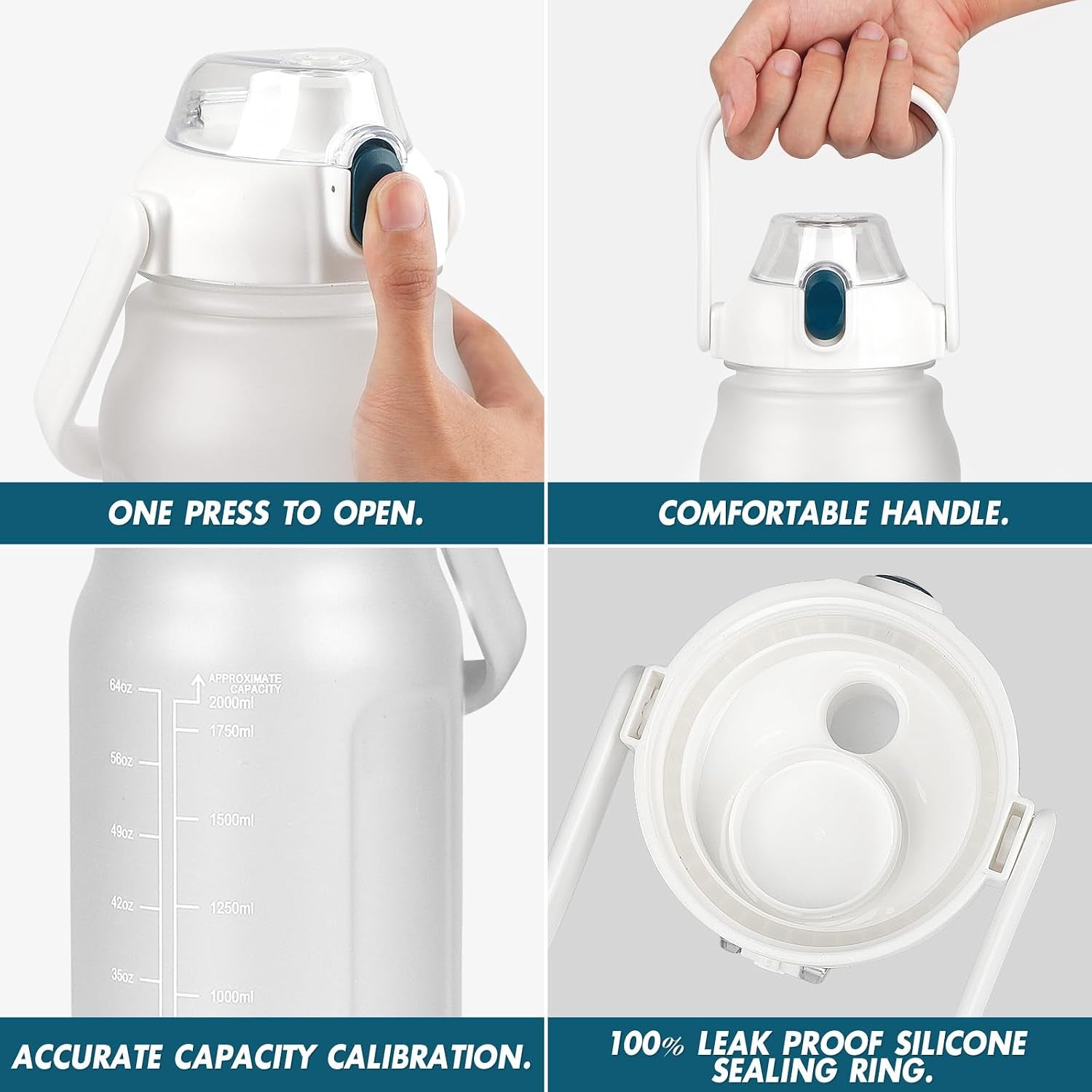 Water Bottle 2 L with Straw, Leak-Proof, Dishwasher Safe, Time Marking, Sports Gym Water Bottle