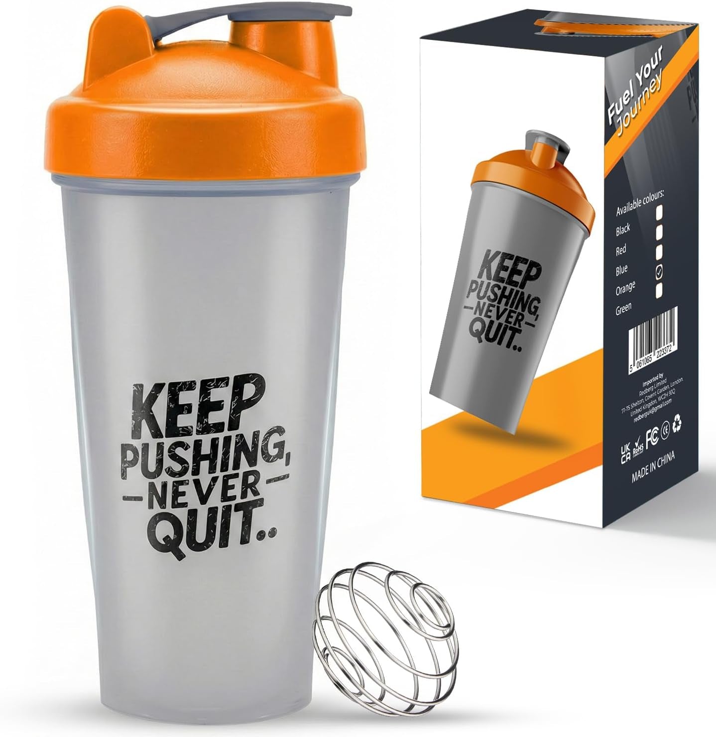 Protein Shaker Bottle 600Ml, Leak-Proof, Bpa-Free, Dishwasher Safe Gym Shaker for Protein Shakes with Wire Mixing Ball, Wide Mouth, Gym Bottle for Smoothies, Pre-Workout & Supplement Drinks
