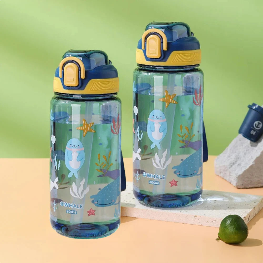 600Ml Cartoon Animal Water Bottle Portable Safety Lock Cute Straw Cup Kids Leak-Proof Drinking Jug for Outdoor Camping Travel